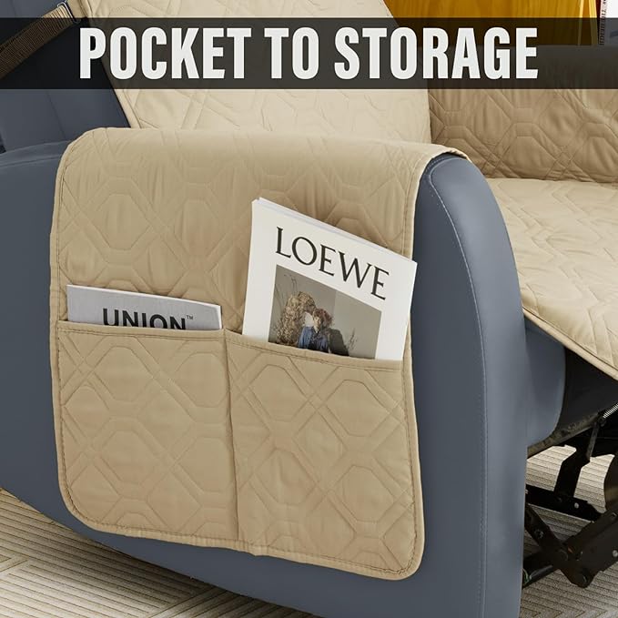 Recliner Chair Covers Sofa Slipcover Non-Slip Chair Couch Cover Machine Washable Furniture Protector with Straps for Dogs (Beige, 30inch Recliner)