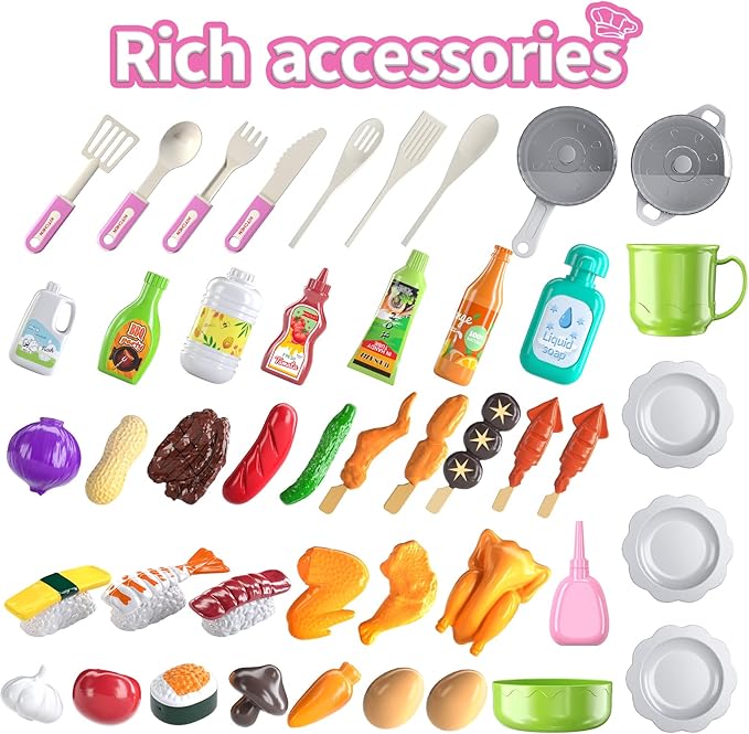 TEMI Kitchen Playset for Kids, Play Kitchen for Toddlers, 46 PCS Kitchen Toy Accessories Set, Real Sounds and Light, Indoor/Outdoor Playset for Kids, Girls & Boys