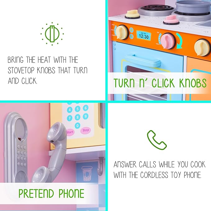 Lil' Jumbl Kids Kitchen Set, Pretend Wooden Play Kitchen with Chalk Board, Play Phone, Towel Rack & Ice Dispenser, Clicking Knobs, Pots & Utensils Included - Colorful