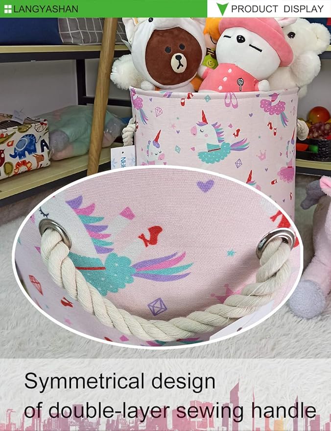 LANGYASHAN Laundry Basket Canvas Collapsible Organizer Storage Basket for Boys Girls Hamper Toy Bins Gift Bedroom Clothes Children Nursery (Pink Dancing Unicorn)