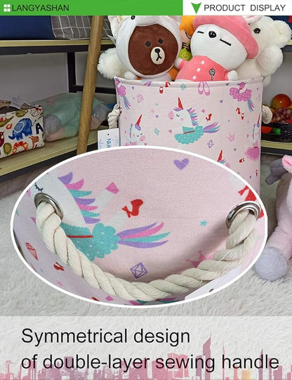 LANGYASHAN Laundry Basket Canvas Collapsible Organizer Storage Basket for Boys Girls Hamper Toy Bins Gift Bedroom Clothes Children Nursery (Pink Dancing Unicorn)