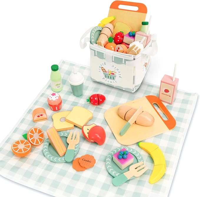 Picnic Playset - Wooden Play Food - Play Food Sets for Kids Kitchen - Pretend Food, Toy Food with Multifunctional Storage Bag, Non-Toxic Toy Picnic Set Best Gift for 3+ Toddlers