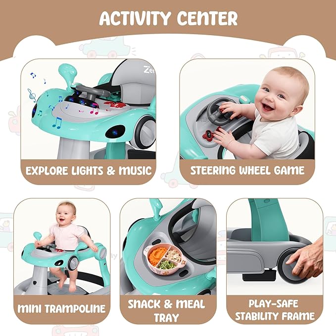 6 in 1 Foldable Baby Walker, Activity Baby Walker-Baby Bouncer, Rocker, Activity Center,Push Walker,Detachable Trampoline Mat, Adjustable Speed Rear Wheels and Height,Music & Lights,Ages 6-18 Months