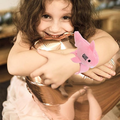 LUOZZY 6 Pcs Plush Slap Bracelets Shark Stuffed Animal Slap Band Bracelets for Kids Birthday Party Favors Gifts (Blue Pink Gray)