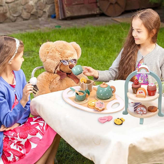 Atoylink Wooden Tea Party Set for Little Girls 28 Pcs Toddler Tea Set with Cupcake Stand & Food Pretend Play Accessories Kids Kitchen Playset Wooden Toys for 2 3 4 5 6 Year Old Girl Birthday Gift