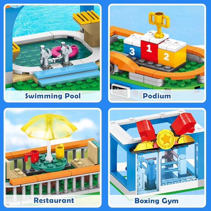 HOGOKIDS City Sports Gym Building Set - 8 in 1 Friend Sports Center Football Basketball Climbing Swimming Boxing Shooting Skateboard Building Block Kit Games Toy Birthday Gift for Kids Girls Boys 6+