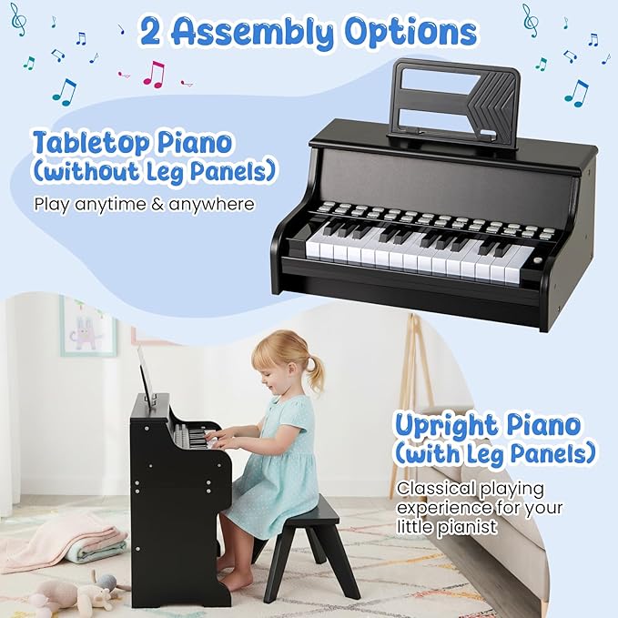 HONEY JOY Wooden Kids Piano, 25 Lighted Keys Kids Keyboard Piano w/Music Stand, Bench, Early Learning Educational Musical Instrument, Baby Music Toy for 3+ Years Old Toddlers Boys Girls (Black)
