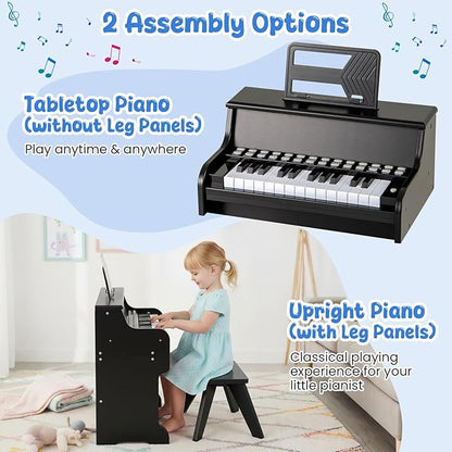 HONEY JOY Wooden Kids Piano, 25 Lighted Keys Kids Keyboard Piano w/Music Stand, Bench, Early Learning Educational Musical Instrument, Baby Music Toy for 3+ Years Old Toddlers Boys Girls (Black)
