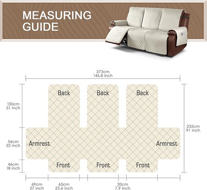 KinCam Waterproof Recliner Sofa Cover, Non-Slip Reclining Couch Covers for 3 Seat, Recliner Couch Cover Furniture Protector with Elastic Straps for Pets, Kids, Ivory