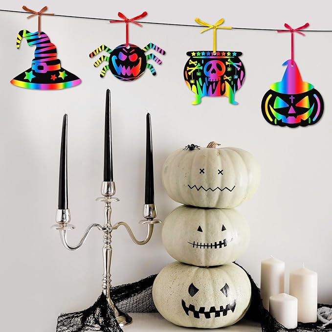 PARTYWIND Magic Halloween Crafts for Kids Activities, 60 PCS Scratch Paper Art for Halloween Hanging Decorations Ornaments, Scratch Off Cards with Pumpkin/Zombie/Bat, DIY Party Supplies Favors