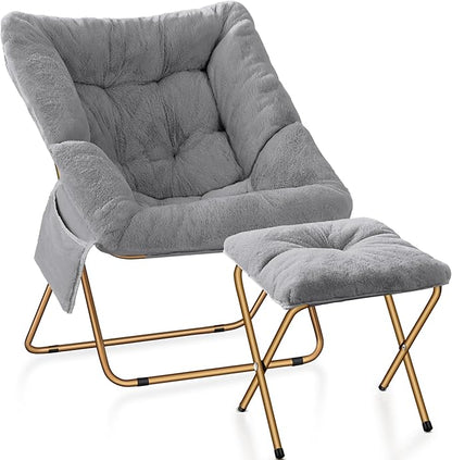 Comfy Saucer Chair, Foldable Living Room Chairs, Soft Faux Fur Lounge Chair for Bedroom, Reading Chairs for Adults, Kids, X-Large (Grey)