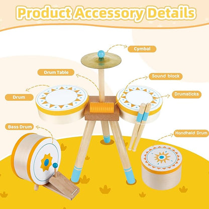 Toddlers Drum Set Toy for 3 Years Old ,Kids Wooden Jazz Drum for Toddlers Montessori Musical Instruments for Boy Girl, Percussion Set Baby Musical Toys, Birthday Gift for 3+ Kids Baby