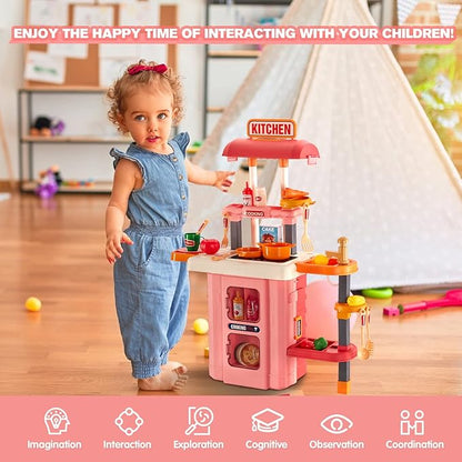 3 in 1 Play Kitchen for Toddlers-GEIYATOI,Kids Kitchen Playset with Travel Suitcase, 50 PCS Toy Kitchen Set,Realistic Cooking Accessories,Sounds,Light,Running Water,Great Kitchen Set for Toddlers