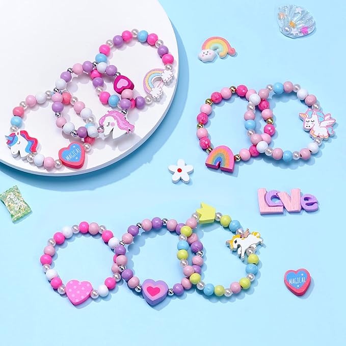 12 Pcs Kids Bracelets for Toddlers Girls - Unicorn Party Favors Pinata Stuffers Birthday Goodies Bag Stuffers Fillers, Cute Wooden Beaded Bracelets Rainbow Heart Pendants Play Jewelry Gifts