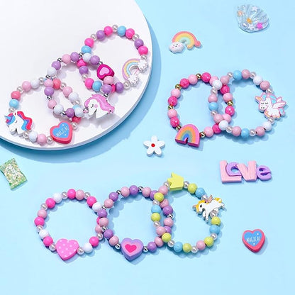 12 Pcs Kids Bracelets for Toddlers Girls - Unicorn Party Favors Pinata Stuffers Birthday Goodies Bag Stuffers Fillers, Cute Wooden Beaded Bracelets Rainbow Heart Pendants Play Jewelry Gifts