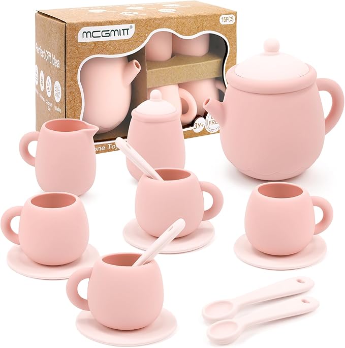 MCGMITT Silicone Tea Set, Tea Party Set for Little Girls Boys, 15 Pcs BPA Free Dishwasher Safe Pretend Tea Set for Toddlers Kids Age 3-6, Cute Toy Kitchen Accessories for Children Birthday Gifts