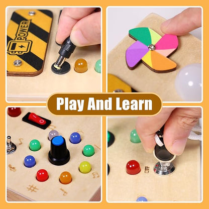Busy Board with pinwheels Led Light, Wooden Educational Montessori Sensory Travel Toys for Toddlers 1-3, Fine Motor Skills Birthday Gifts for Boys Girls Toddlers 1 2 3