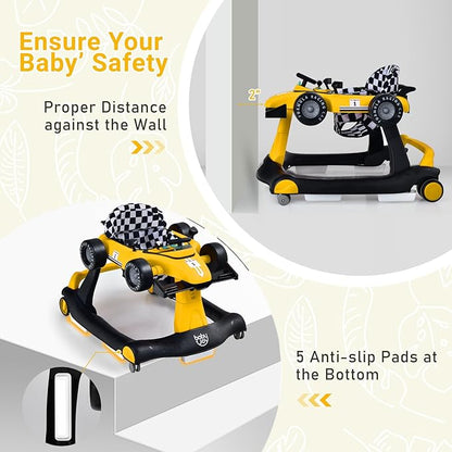 BABY JOY 4-in-1 Baby Walker, Foldable Activity Walker with Adjustable Height & Speed, Music, Lights, Anti-Rollover, Toddler Push Walker, Baby Walker with Wheels for Boys Girls 6-18 Months (Yellow)