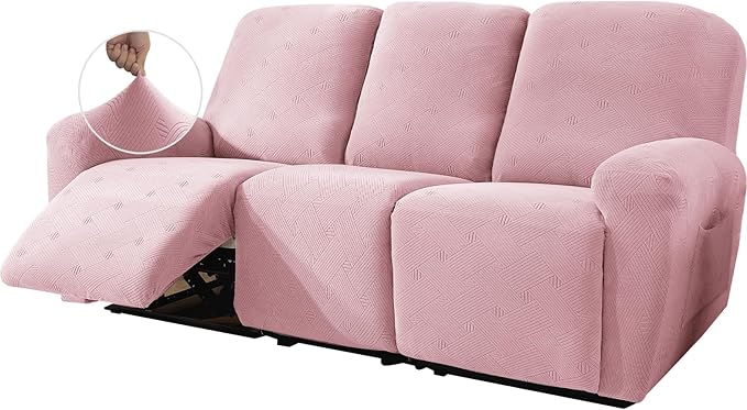 JIVINER Recliner Couch Cover, Jacquard 5 Piece Stretch Sofa Covers for 3 Cushion Reclining Lazy Boy Soft Washable Sofa Slipcovers Protector with Pockets (Recliner Sofa, Dusty Pink)