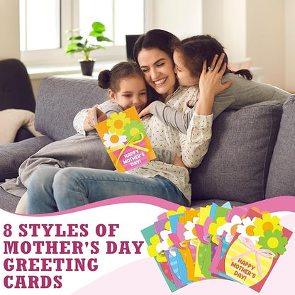 Geyee 16 Sets Mother's Day Greeting Card Kit for Kids Flower Pots Card Making Kit with Ribbon Happy Mothers Day DIY Art and Craft Projects Gifts for Kids Classroom Game Home Activities