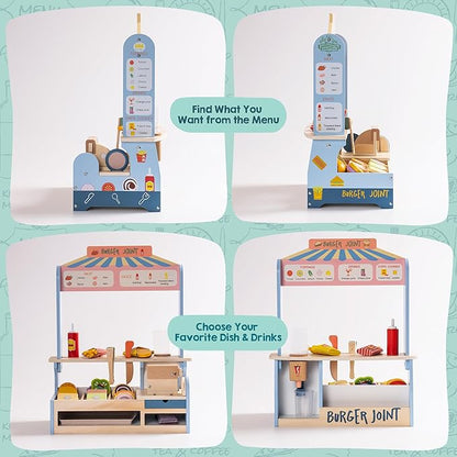 ROBOTIME Wooden Pretend Play Food Set for Kids, Hamburger Set Shop with Sandwich Counter Toys, Play Kitchen Food Toys for Toddlers Ages 3+