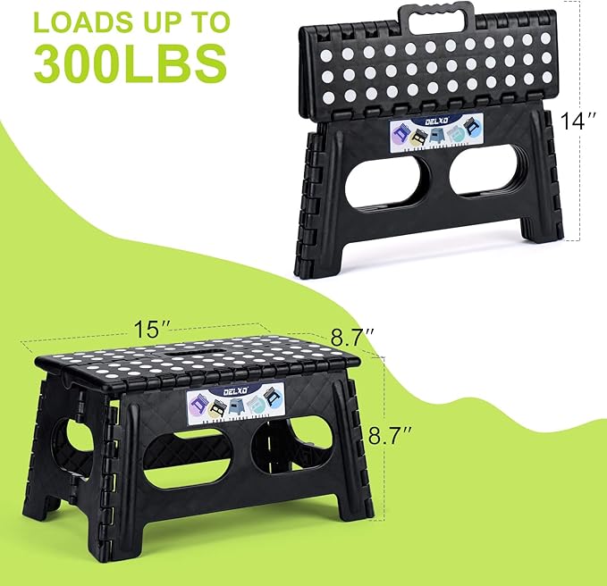 Delxo Folding Step Stool for Kids and Adults,15-Inch Extra Wide 9 Inch Height Heavy Duty Stepping Stool More Safe and Comfortable Non Slip Foldable Step Stool Black