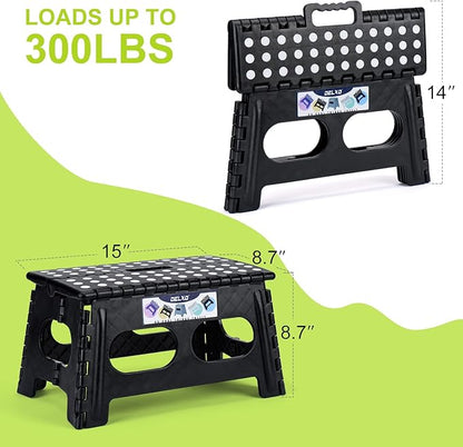 Delxo Folding Step Stool for Kids and Adults,15-Inch Extra Wide 9 Inch Height Heavy Duty Stepping Stool More Safe and Comfortable Non Slip Foldable Step Stool Black
