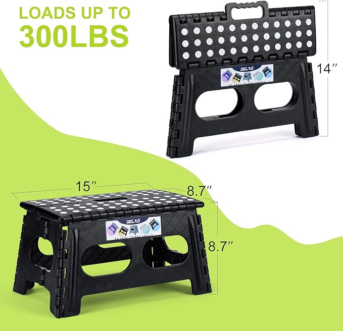 Delxo Folding Step Stool for Kids and Adults,15-Inch Extra Wide 9 Inch Height Heavy Duty Stepping Stool More Safe and Comfortable Non Slip Foldable Step Stool Black