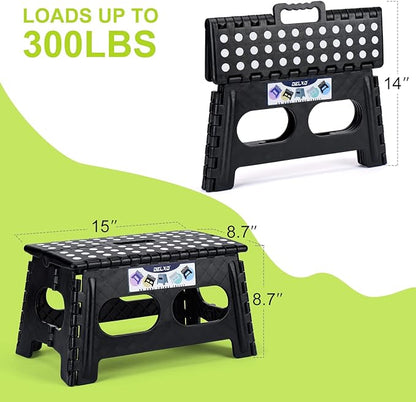 Delxo Folding Step Stool for Kids and Adults,15-Inch Extra Wide 9 Inch Height Heavy Duty Stepping Stool More Safe and Comfortable Non Slip Foldable Step Stool Black