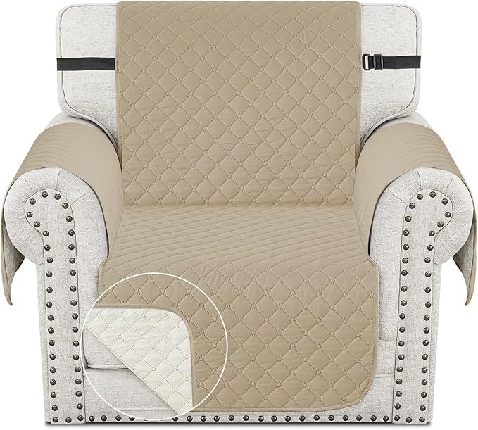 XINEAGE Quilted Chair Sofa Cover Waterproof Chair Covers for Armchair, Super Soft Washable Slipcover with Pockets & Non-Slip Elastic Straps, Thick Furniture Protector (Chair, Khaki)