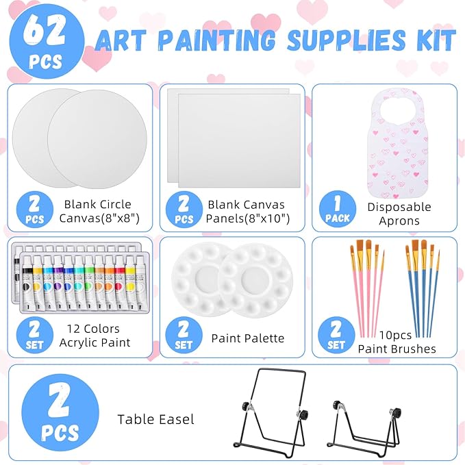 Fullhawl Valentine Acrylic Paint Canvas Easel Set, 62 Pcs Art Painting Supplies Kit with 2 Metal Easels, 2 x 10 Pcs Brushes, 2 Pcs 12 Color Tubes, 4 Canvases, 2 Palettes for Couples Student BeginnerF