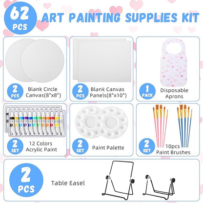 Fullhawl Valentine Acrylic Paint Canvas Easel Set, 62 Pcs Art Painting Supplies Kit with 2 Metal Easels, 2 x 10 Pcs Brushes, 2 Pcs 12 Color Tubes, 4 Canvases, 2 Palettes for Couples Student BeginnerF