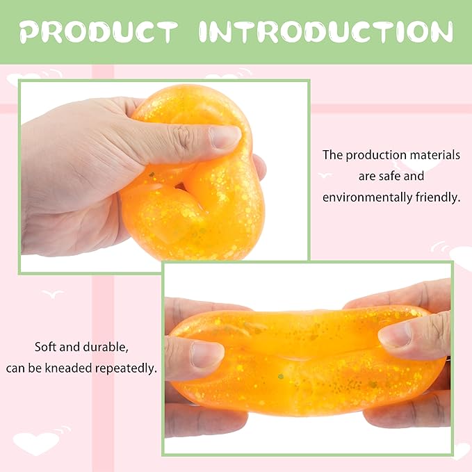 Wearable Squishy Stress Relief Toys, Glitter Heart Stress Relief Toy,Crystal Glitter Bracelet Soft Sensory Fidget Toys,Kids Party Favors,Classroom Rewards,Goody Bag Stuffer (Orange)
