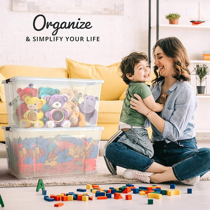 Lifetime Appliance Parts 4 PACK 75 Qt. Plastic Storage Bin Tote Organizing Container with Ultra Durable Lid & Secure Latching Buckles Stackable Extra Strength Clear w/Black Handle