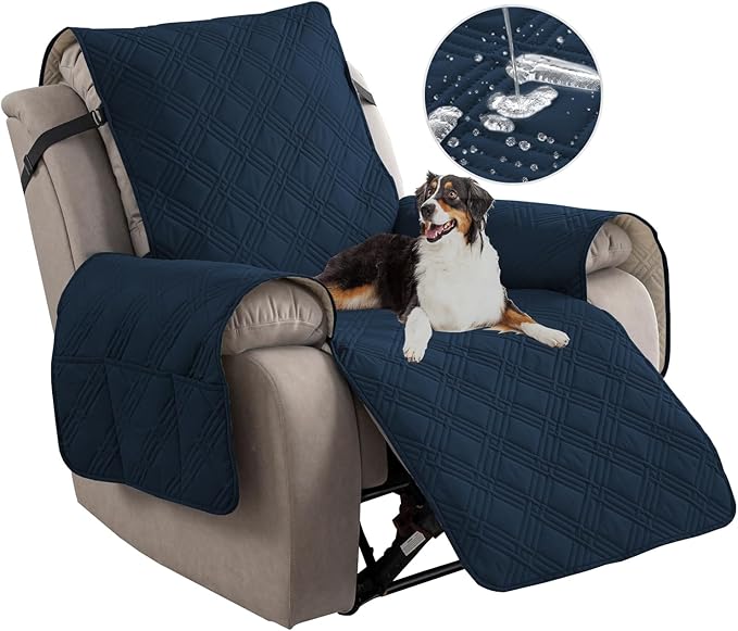 Easehomey 100% Waterproof Recliner Chair Covers, Non Slip Oversized Reclining Cover, Cover Furniture Protector Washable Chair Cover with Pocket,Elastic Straps for Kids,Pets,Dogs(Dark Blue,28")
