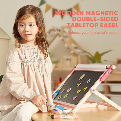 FUNLIO Anti-Warping Tabletop Easel for Kids Ages 3+ (100+ Pcs), Wooden Double-Sided Magnetic Table Easel with 3 Adjustable Angles, Kids Easel with Whiteboard, Chalkboard & Paper Roll, Foldable - Pink