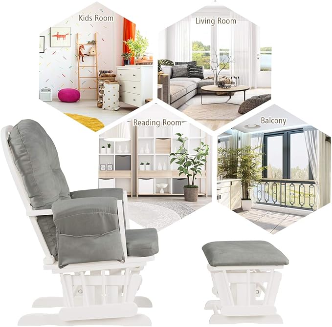 Costzon Nursery Glider with Ottoman, Upholstered Comfort Glider Rocker with Padded Cushion, Storage Pocket, Solid Wood Base, Rocking Chair Nursery for Breastfeeding, Maternity, Napping (Light Gray)