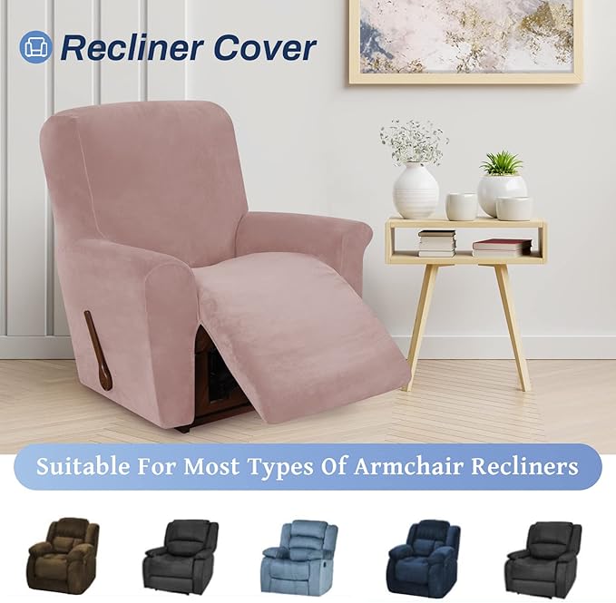 WEERRW Velvet Recliner Chair Cover 1 Piece High Stretch Recliner Couch Cover, Washable Furniture Protector with Non Slip Elastic Bottom for Kids and Pets, Blush Pink