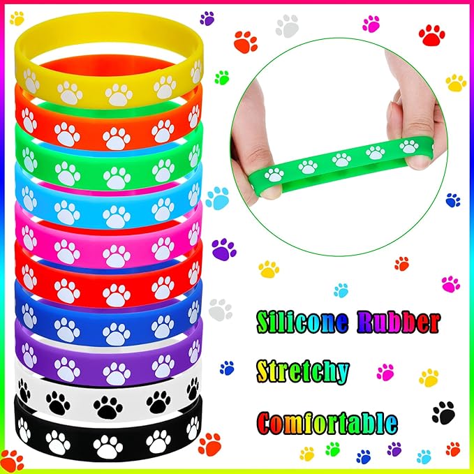 Funtery 100 Pcs Paw Print Rubber Bracelet Silicone Stretch Wristbands Dog Paw Silicone Bracelet Rubber Wristbands Dog Party Favors Birthday Party Supplies Decorations(Multicolor)