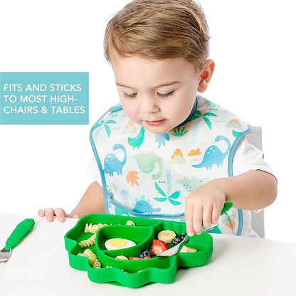 Bumkins Toddler and Baby Suction Plate, Silicone Divided Grip Dish, Babies and Kids, Baby Led Weaning, Children Feeding Supplies, Non Skid Sticky Bottom, Platinum Silicone, Ages 6 Months Up, Dinosaur