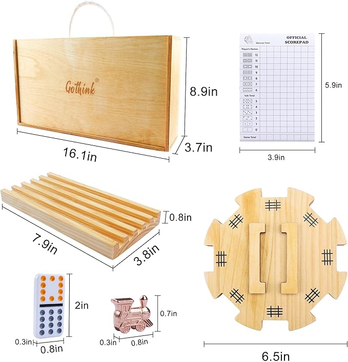 GOTHINK Mexican Train Dominoes Set, 91 Tiles Double 12 Dominos Set for Adults and Family, with Wooden Trays*8, Metal Trains*9, Wooden Hub & Scoreboards, Dominoes Tile Board Game in Storage Case Games