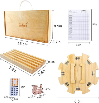 GOTHINK Mexican Train Dominoes Set, 91 Tiles Double 12 Dominos Set for Adults and Family, with Wooden Trays*8, Metal Trains*9, Wooden Hub & Scoreboards, Dominoes Tile Board Game in Storage Case Games