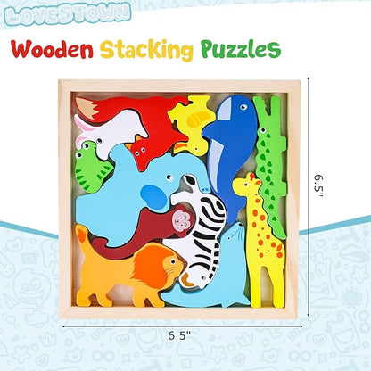 LovesTown 12PCS Wooden Stacking Puzzles, Animal Chunky Jigsaw Puzzles Educational Toys for Kids Gift