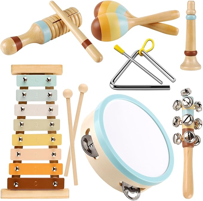 LOOIKOOS Toddler Musical Instruments Toys, Wooden Percussion Instruments Set for Kids Baby with Xylophone, Preschool Educational Musical Toys for Boys and Girls with Storage Bag(12pcs)