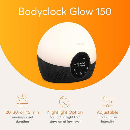 Lumie Bodyclock Glow 150 - Alarm Clock Simulates Sunrise & Sunset - Bedside Lamp with Customizable Light Duration - Wake-Up Light, Night Light & Reading Light - with Warm LEDs