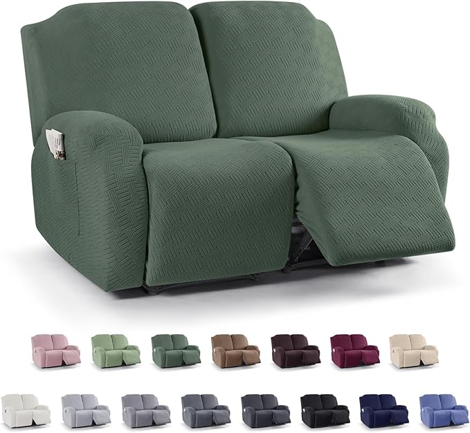 KinCam Recliner Covers, Stretch Reclining Chair Covers, Recliner Sofa Slipcovers Stripe Jacquard Recliner Couch Covers Furniture Protector Covers for Pet Kid (2 Seater, Greyish Green)