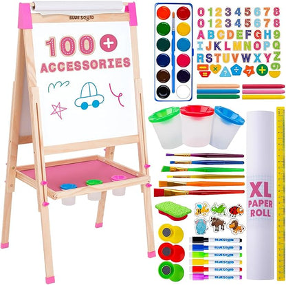 Blue Squid Art Easel for Kids - Dual-Sided Adjustable Wooden Painting Easels, Ideal Christmas Gift for Toddlers and Kid - with Magnetic Chalk Board, White Board & Paper Roll, Includes 100+ Accessories