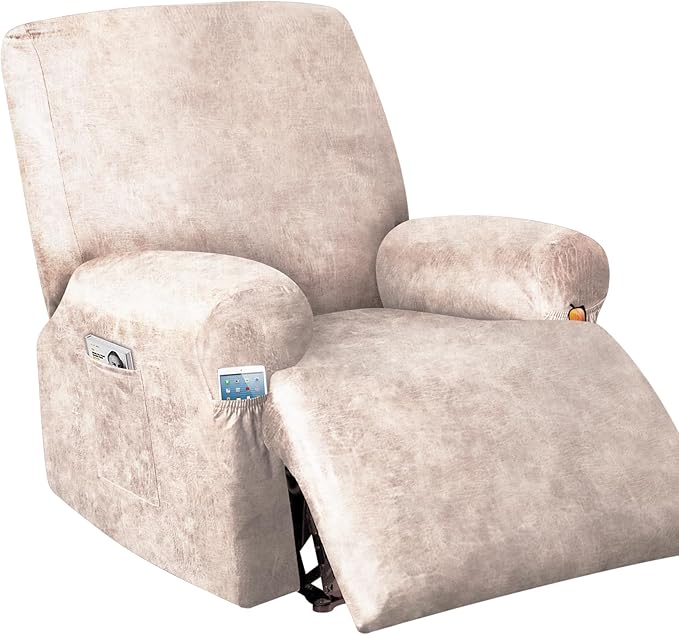 Like Leather Recliner Chair Covers, 4 Pieces Lazy Boy Recliner Cover That Stay in Place, Soft Stretch Leather Grain Covers for Recliner Covers for Large Recliner Slipcover (Beige 4)