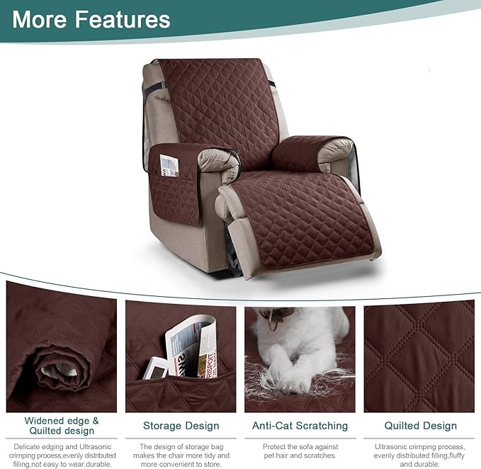 Ruaozz 100% Waterproof Recliner Chair Cover Non-Slip Reclining Cover for Recliner Chair Washable Chair Seat Cover with Elastic Straps for Kids, Dogs, Pets (Coffee, 23'')