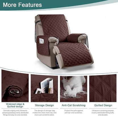 Ruaozz 100% Waterproof Recliner Chair Cover Non-Slip Reclining Cover for Recliner Chair Washable Chair Seat Cover with Elastic Straps for Kids, Dogs, Pets (Coffee, 23'')